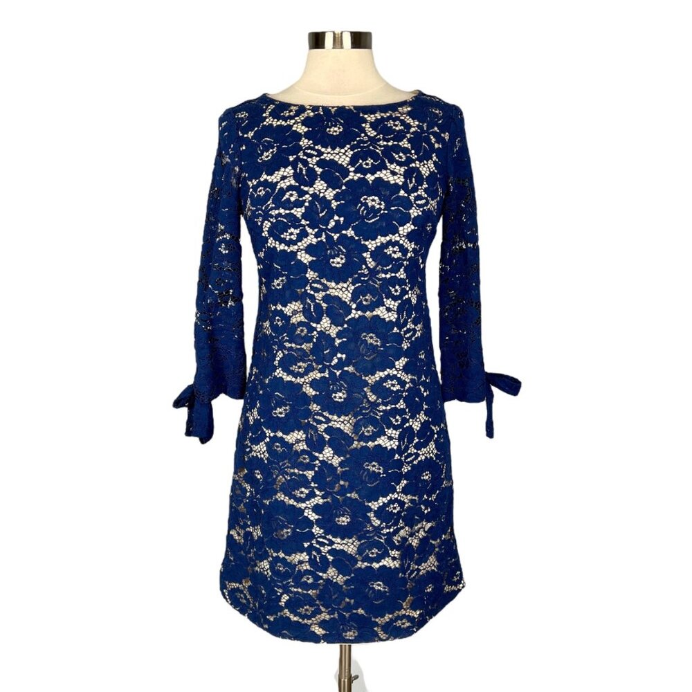 Vince Camuto Womens Blue Lace Overlay Dress Tie Sleeves Above Knee size 4